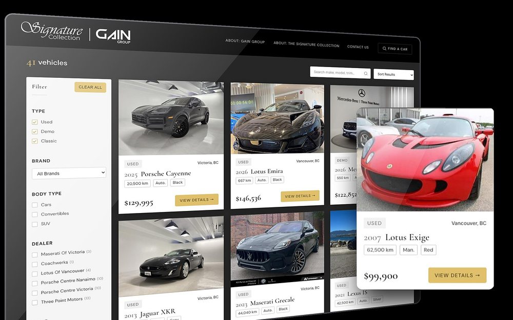 The Signature Collection inventory page with search filters and vehicle listings