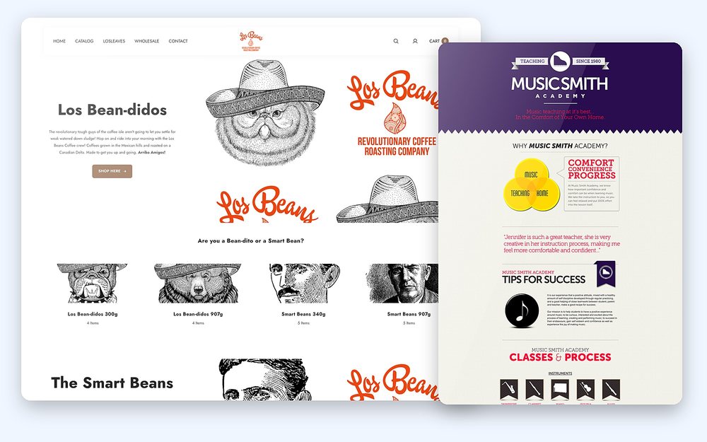 Los Beans coffee shop and Music Smith Academy websites