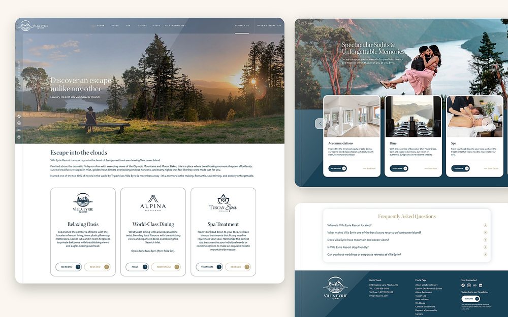 Villa Eyrie Resort website homepage, rooms carousel and FAQ sections