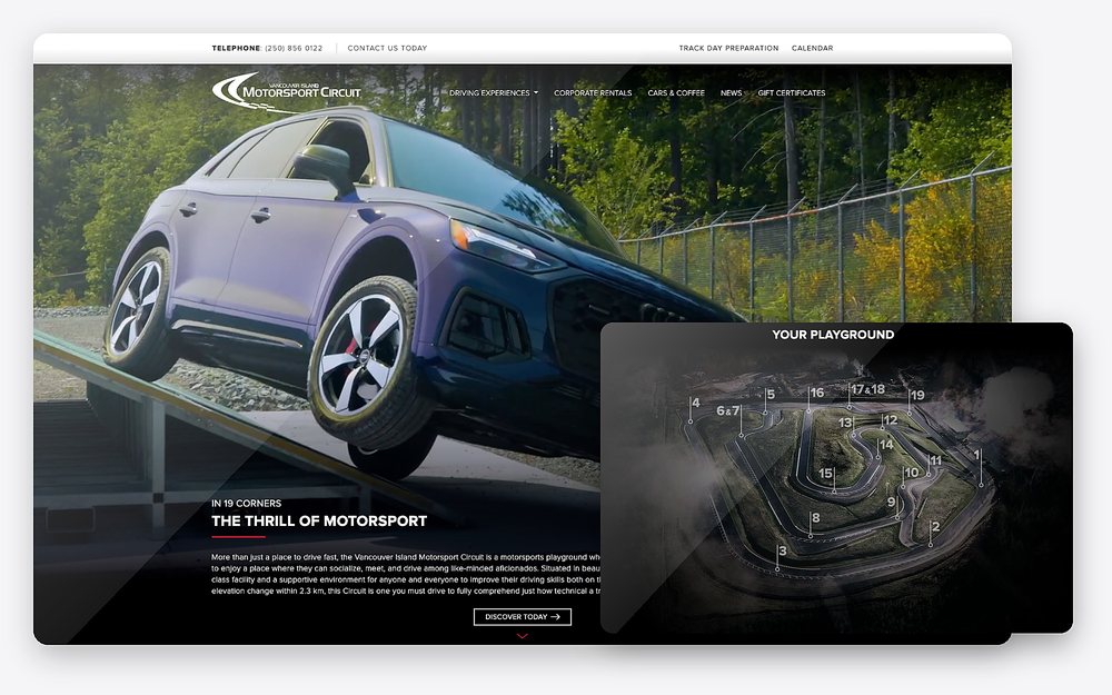 Vancouver Island Motorsport Circuit website homepage and 19-corner track map